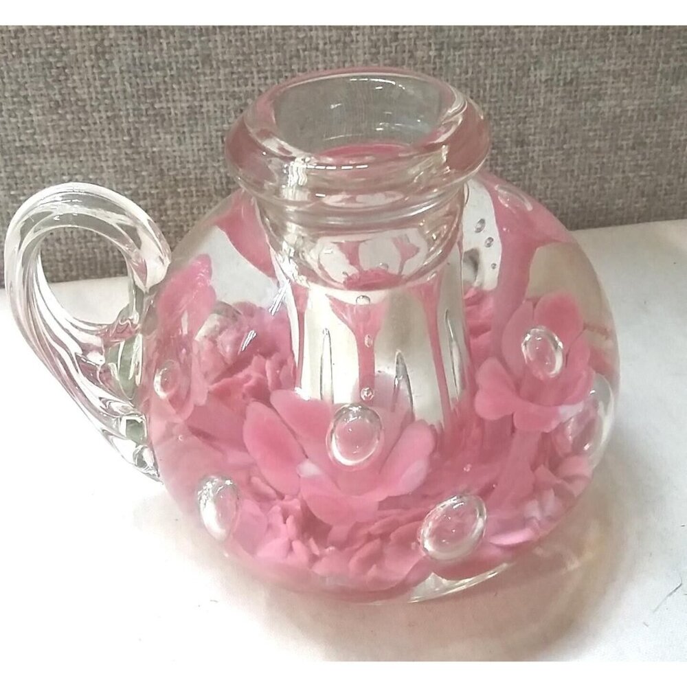 1973 St Clair Pink Flower Controlled Bubble Glass Candleholder Paperweight NOS